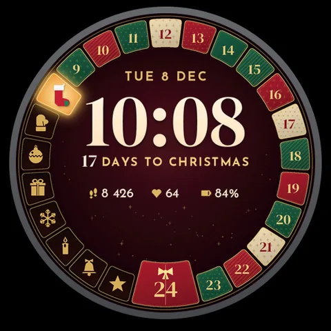Astra Advent Zifferblatt für Garmin. Ein animierter Adventskalender: Jeden Tag im Dezember öffnet sich eine neue Tür mit einer Überraschung, die in deine Sammlung wandert.