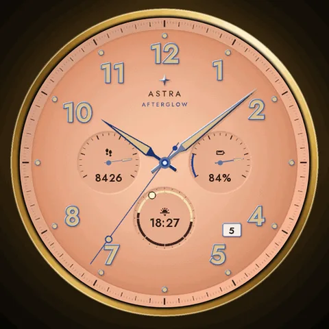 Astra Afterglow watch face for Garmin. A dressy chronograph by day that turns into a glowing lume shot after sunset, with a 24-hour sun counter.