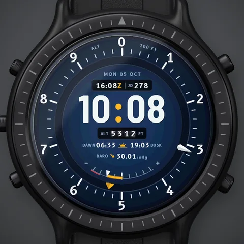 Astra Altimeter watch face for Garmin. Altimeter needles on a 0 to 9 scale around a big time, with Zulu time and the Julian date, your altitude on rolling drums, civil twilight and a 3-hour barometer trend.