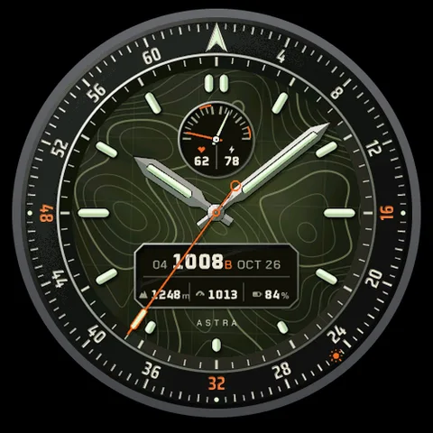 Astra Bearing watch face for Garmin. A tactical dial on a topographic map, with a mils bezel, lume tubes, heart rate and Body Battery.