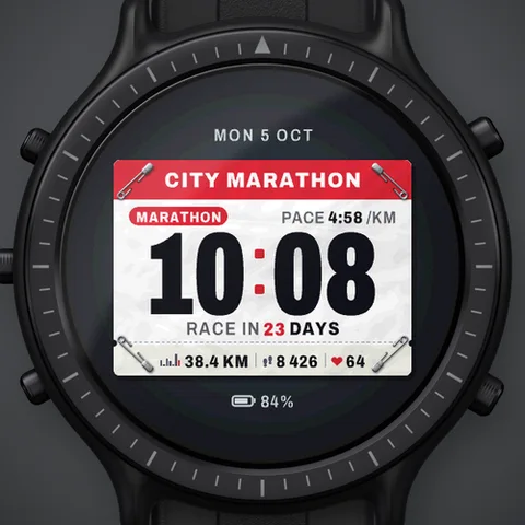 Astra Bib watch face for Garmin. The big bib number is the time, the header carries your race name and the bottom line counts the days to race day, when a FINISHER stamp lands on the bib.