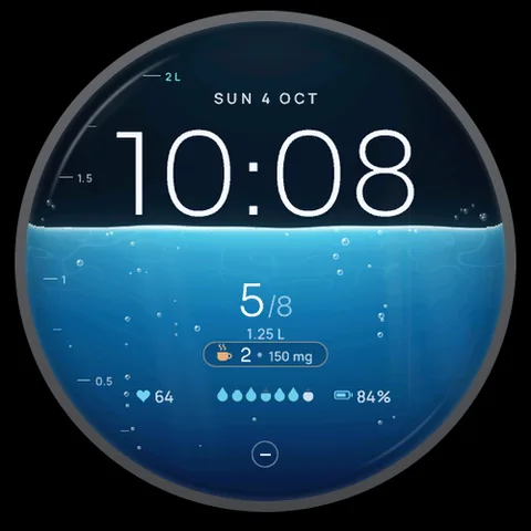 Astra Brim watch face for Garmin. Your watch becomes a glass of water that fills up toward your daily hydration goal.