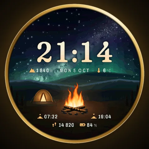 Astra Campfire watch face for Garmin. An animated campfire brings the feeling of an evening outdoors to your wrist.