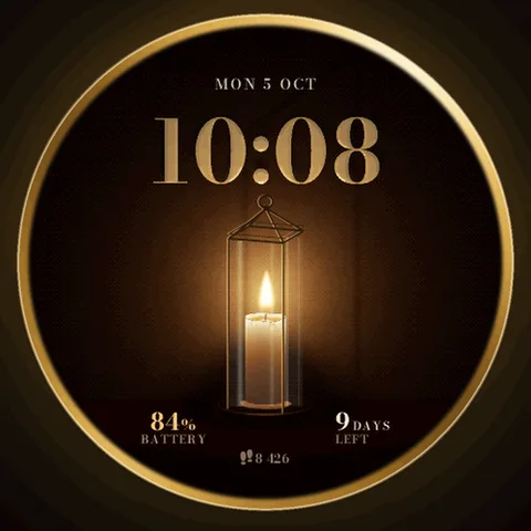 Astra Candle watch face for Garmin. Your battery is a candle that melts day after day, its warm flame lighting big Bodoni digits from below.