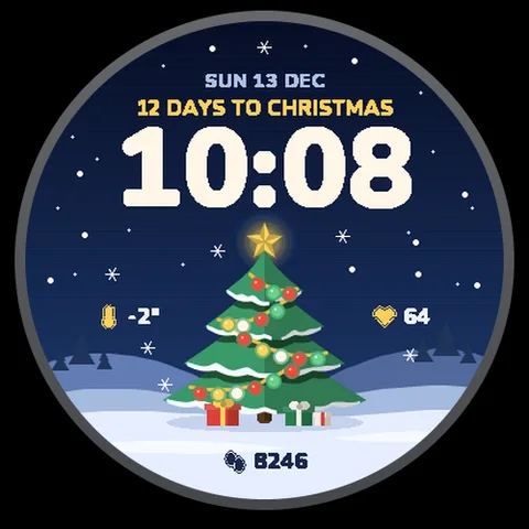 Astra Christmas watch face for Garmin. A Christmas tree and snow bring a seasonal touch to your wrist.