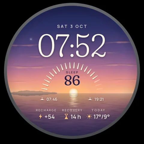 Astra Daybreak Zifferblatt für Garmin. Ein Sonnenaufgang über dem Meer, dessen Strahlen den Schlafwert der letzten Nacht zeigen: klar nach einer guten Nacht, neblig nach einer kurzen.