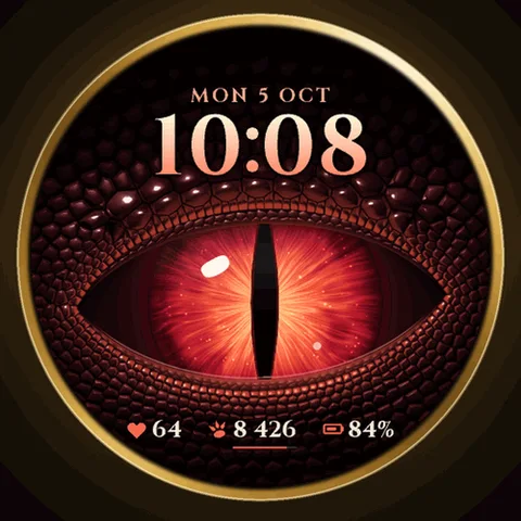 Quadrante Astra Dragon Eye per Garmin. Alza il polso e un occhio di drago dorato si apre tra le sue squame, sotto un'ora in grandi capitali romane.