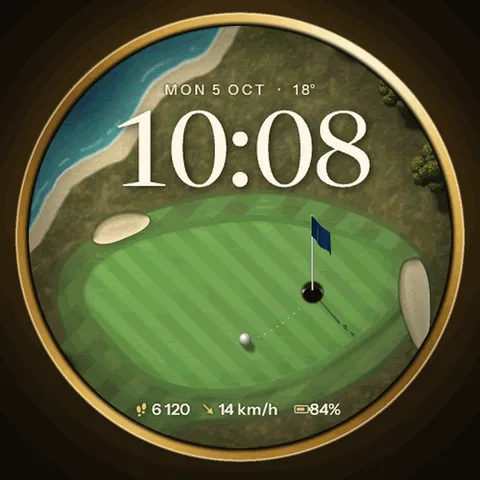 Astra Fairway watch face for Garmin. An illustrated golf green seen from the sky, where the ball rolls into the cup each time you raise your wrist.