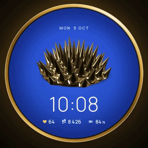 Astra Ferro Zifferblatt für Garmin. Ein glänzend schwarzer Ferrofluid-Tropfen, der Stacheln aufstellt und im Takt deiner echten Herzfrequenz schlägt, wenn du dein Handgelenk hebst.