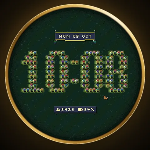 Esfera Astra Flashmob para Garmin. Diminutas personas en pixel art llegan corriendo desde los bordes de una plaza retro y se colocan hombro con hombro para formar la hora.