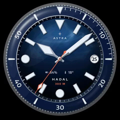 Astra Hadal watch face for Garmin. A luxury diver with a 60-minute ceramic bezel, a deep lacquered dial and lume that glows in always-on mode.
