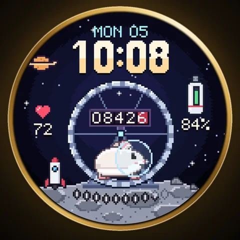 Astra Hamster Zifferblatt für Garmin. Ein Pixel-Hamster läuft in einem Rad, das deine Schritte zählt, mit Sonnenblumenkernen für dein Ziel und einer Trinkflasche für deinen Akku.