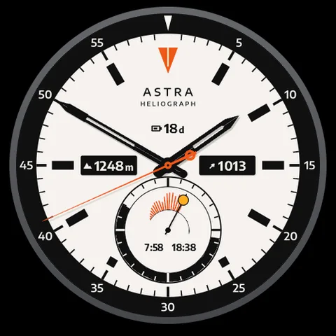 Astra Heliograph watch face for Garmin. A high-contrast field instrument with a white dial and a 24-hour heliograph that shows day and night, sunrise and sunset.