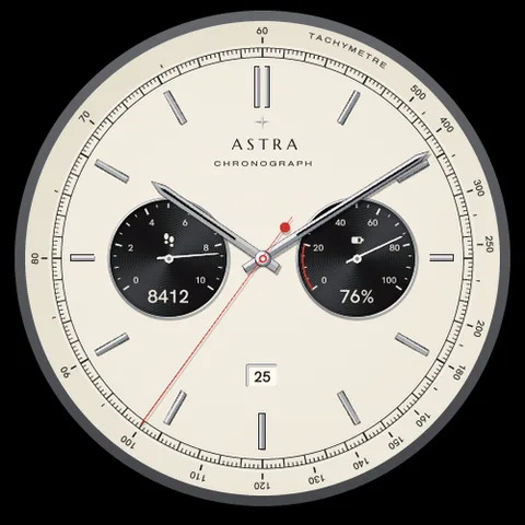 Astra Heritage watch face for Garmin. A vintage panda-style chronograph with a carefully balanced dial.