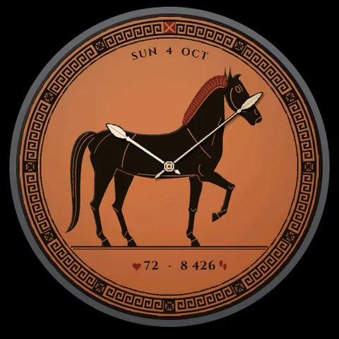 Astra Hippos watch face for Garmin. The medallion of an ancient Greek cup, with a black-figure horse, a Greek key meander and two slender spears for hands.