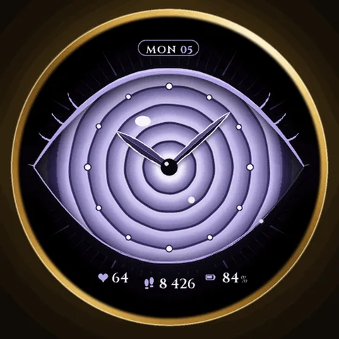 Astra Hypnotic Eye watch face for Garmin. A wide-open manga eye whose five rippling lavender rings spread out from the pupil on every wrist raise.