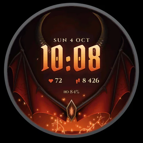 Astra Inferno watch face for Garmin. Devil horns and great demon wings, lit by rising embers, around a sharp gothic time.