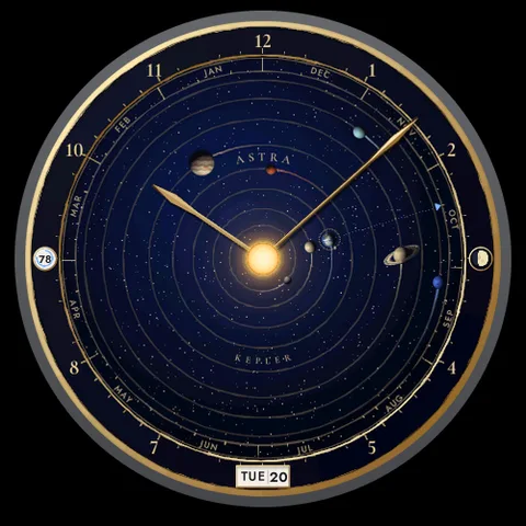 Astra Kepler watch face for Garmin. A solar system orrery that places the planets and the Moon at their true position, computed on your watch.