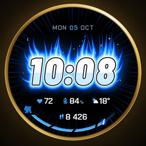 Astra Ki watch face for Garmin. Big inked italic digits burn inside an anime flame aura that grows with your daily step goal.