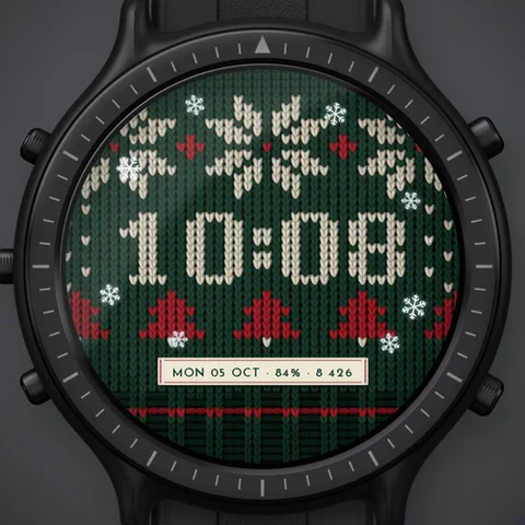 Esfera Astra Knit para Garmin. Un suéter de invierno tejido punto a punto, con estrellas nórdicas, renos o franjas Fair Isle, que se teje cada vez que levantas la muñeca hasta que la hora aparece en puntos gruesos.