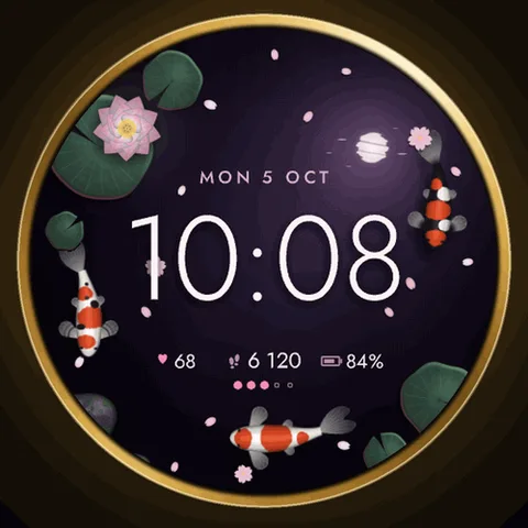 Astra Koi watch face for Garmin. Koi carp glide under dark water each time you raise your wrist, with ripples, a lotus and the trembling reflection of the moon.