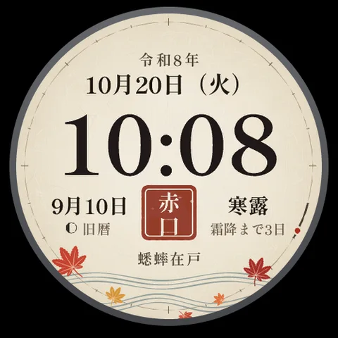 Astra Koyomi Zifferblatt für Garmin. Ein japanischer Kalender auf Washi-Papier mit dem heutigen Rokuyo, dem Mondkalenderdatum, den 24 Sonnenabschnitten und den 72 Mikro-Jahreszeiten.
