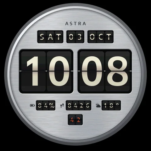 Astra Lamina watch face for Garmin. A retro split-flap clock with four large flaps, framed in brushed aluminum, matte paint, lacquer or walnut.