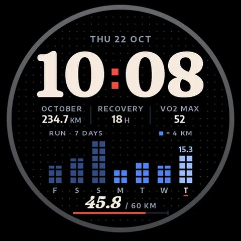 Astra Logbook watch face for Garmin. A training log drawn like a dotted notebook page, with your last 7 days as colored squares and your weekly mileage.