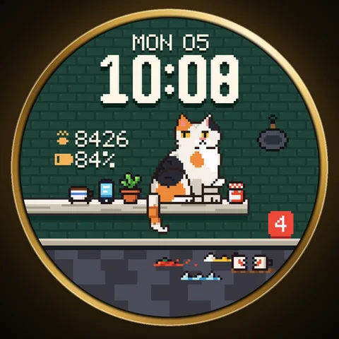 Esfera Astra Mischief para Garmin. Un gato pelirrojo en pixel art tira un objeto de la estantería con cada nueva notificación, mientras te mira a los ojos.