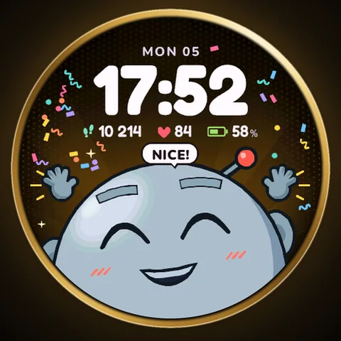 Astra Mood watch face for Garmin. Pom, a round cartoon mascot, reads your data and reacts with animated expressions: a wave, a side-eye or a victory dance.