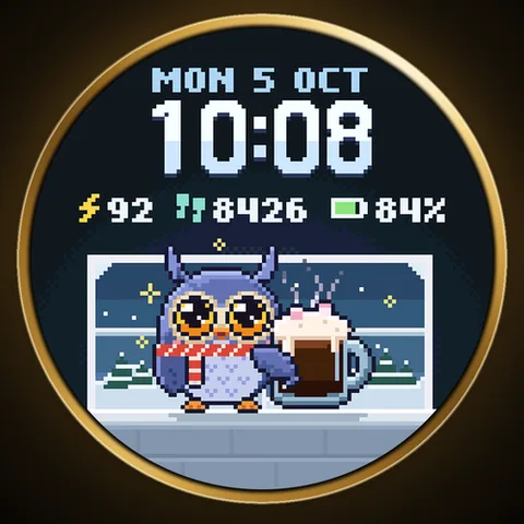 Astra Mug watch face for Garmin. Nib, a pixel owl on a café counter, holds a big mug of coffee whose level follows your Body Battery.