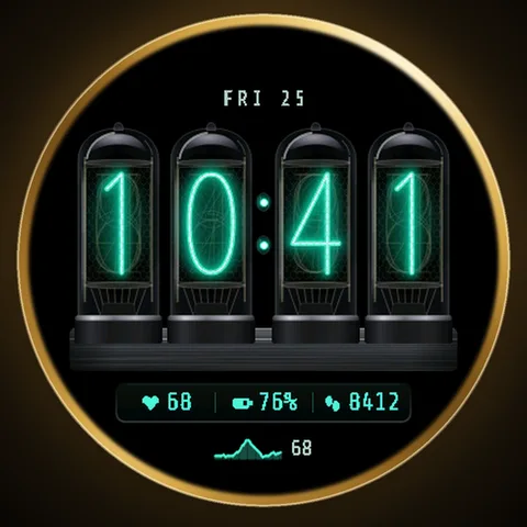 Astra Nixie watch face for Garmin. Nixie-tube-inspired numerals turn a quick time check into a little ritual.