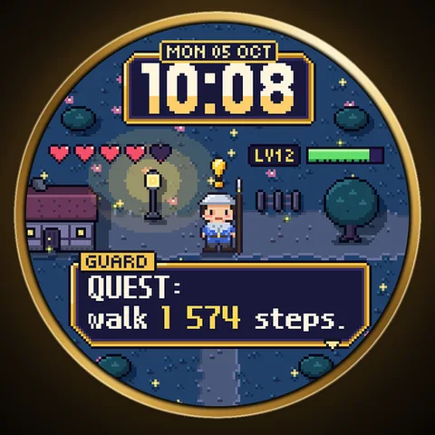 Esfera Astra NPC para Garmin. Un aldeano de un pueblo de RPG retro te habla con tus datos reales, te da una misión de pasos y lo celebra cuando la completas.
