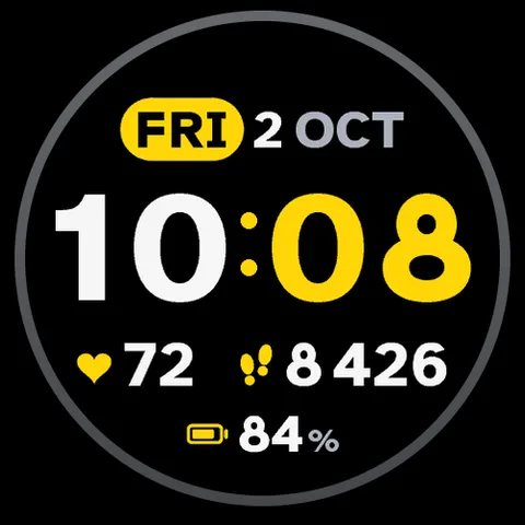 Astra Optic watch face for Garmin. Huge hours and minutes, three large data fields and high contrast for an easy read, even in full sun.