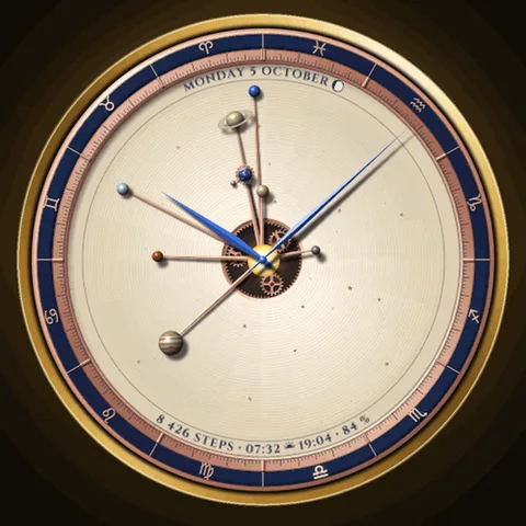 Astra Orrery watch face for Garmin. An animated solar system brings celestial motion to everyday timekeeping.