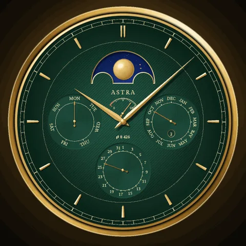 Astra Perpetual watch face for Garmin. An animated moon-phase calendar with a traditional watchmaking character.