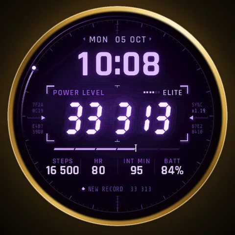 Astra Power Level watch face for Garmin. An animated scanner-inspired face with a bold illustrated personality.