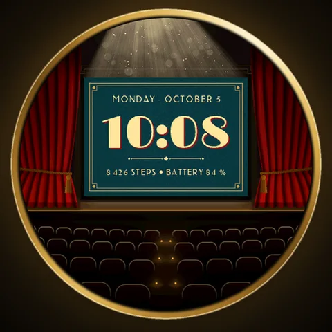 Astra Projector watch face for Garmin. A vintage picture palace where the time appears as a silent movie intertitle, between red velvet curtains.