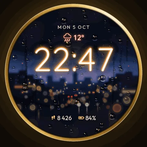 Astra Rainy watch face for Garmin. An animated, neon-lit rainy city with a quiet lo-fi mood.