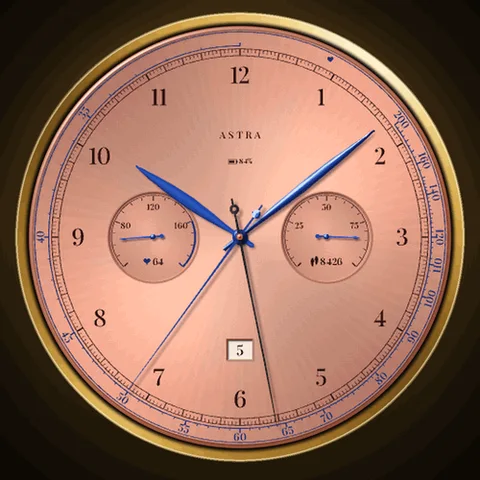 Astra Rattrapante watch face for Garmin. A dress chronograph on a white enamel dial whose red split-seconds hand stops on your heart rate, read on a pulsometer scale.