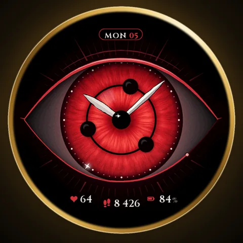Astra Red Eye watch face for Garmin. A red manga eye whose iris is the dial, with three black dots that spin and lock into place when you raise your wrist.