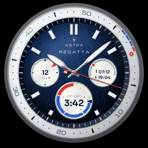 Quadrante Astra Regatta per Garmin. Un cronografo nautico con lunetta da regata, quadrante vela o ponte in teak e contatori per vento, orari del sole e conto alla rovescia della partenza.