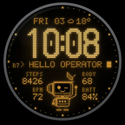 Astra Relay watch face for Garmin. A glowing retro CRT terminal where OHM, a pixel robot, reacts to your steps, stress, sleep and battery.