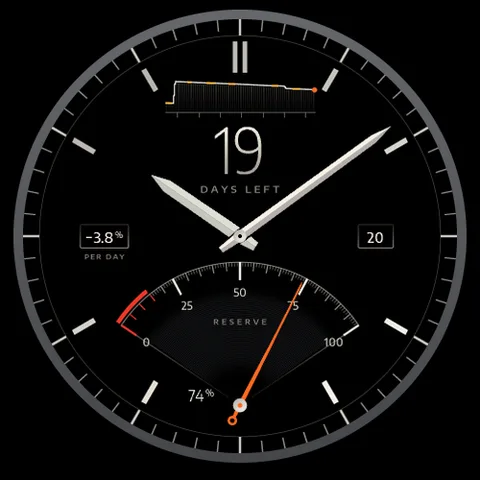Quadrante Astra Reserve per Garmin. Un quadrante sobrio in nero puro con un indicatore di riserva di carica e i giorni di batteria rimanenti in grandi cifre.