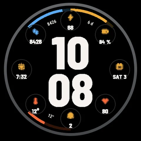 Astra Ring watch face for Garmin. A digital dial with a circular design, steps and battery information.