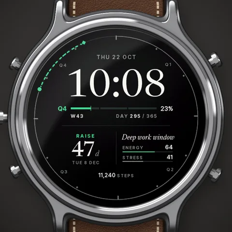 Astra Runway watch face for Garmin. A calm founder's dashboard: the year as a ring, the quarter's progress, the days left until your next deadline, and whether your body keeps up.