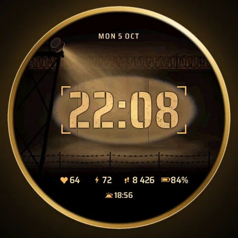 Astra Searchlight watch face for Garmin. A watchtower searchlight sweeps a perimeter wall at night and finds the time stencil-painted on the concrete.