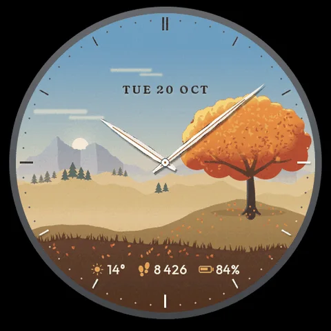 Astra Seasons watch face for Garmin. A tree-filled landscape brings a seasonal mood to your watch.