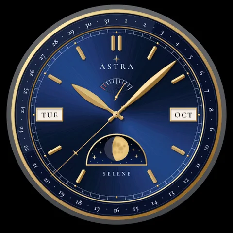 Astra Selene watch face for Garmin. An analog dress watch with today's moon phase in a starry window and a date hand on a 1 to 31 ring.
