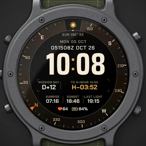Astra Sentinel watch face for Garmin. A tactical data face whose heading ring turns to keep the sun at 12 o'clock, with a mission plate counting to your D-day and H-hour, a Zulu DTG and the hours of daylight.